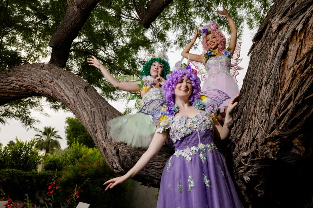 Winged fairy performers at a whimsical celebration